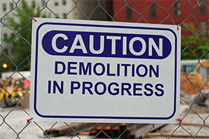 Caution sign, Demolition in progress on Building J