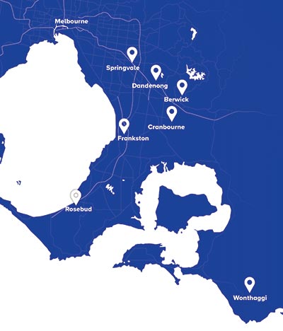 Map showing campus locations in relation to Melbourne. Springvale, Dandenong, Frankston, Cranbourne, Berwick, Mornington Peninsula and Bass Coast all south east of Melbourne